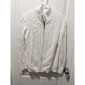 LL Bean Women's L White Cardigan Sweater Chunky Cable Knit Mock Neck Full Zip